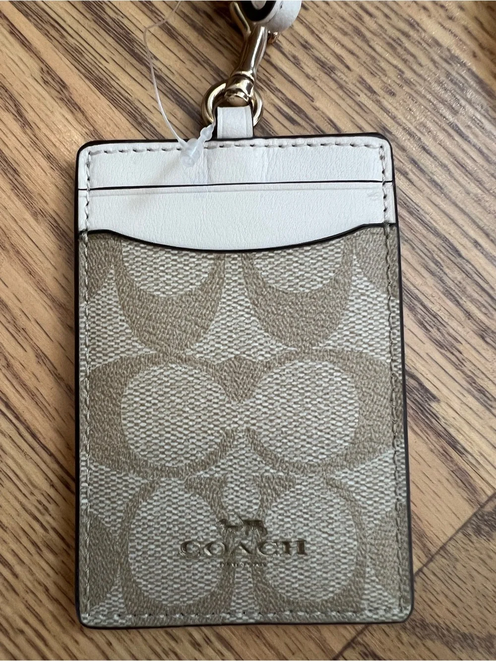 Coach Beige Signature Card Case Lanyard with White Trim